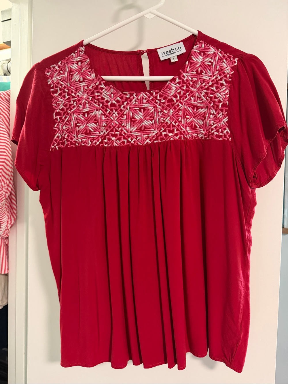 Wash & Co Red Embroidered Short-Sleeve Blouse